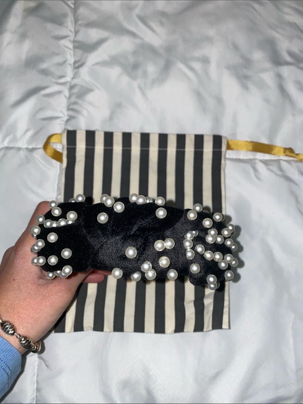 Lele Sadoughi Black Velvet Headband with Pearl Embellishments - Picture 2 of 4